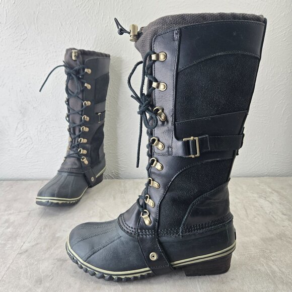 Sorel Knee High Winter Boot 9.5 Black Outdoor Snow Gorpcore Moto Utility Lace Up - Picture 1 of 14